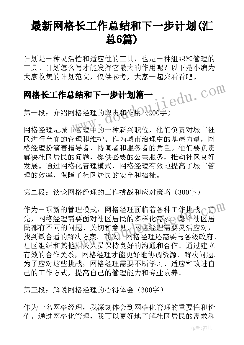 最新网格长工作总结和下一步计划(汇总6篇)