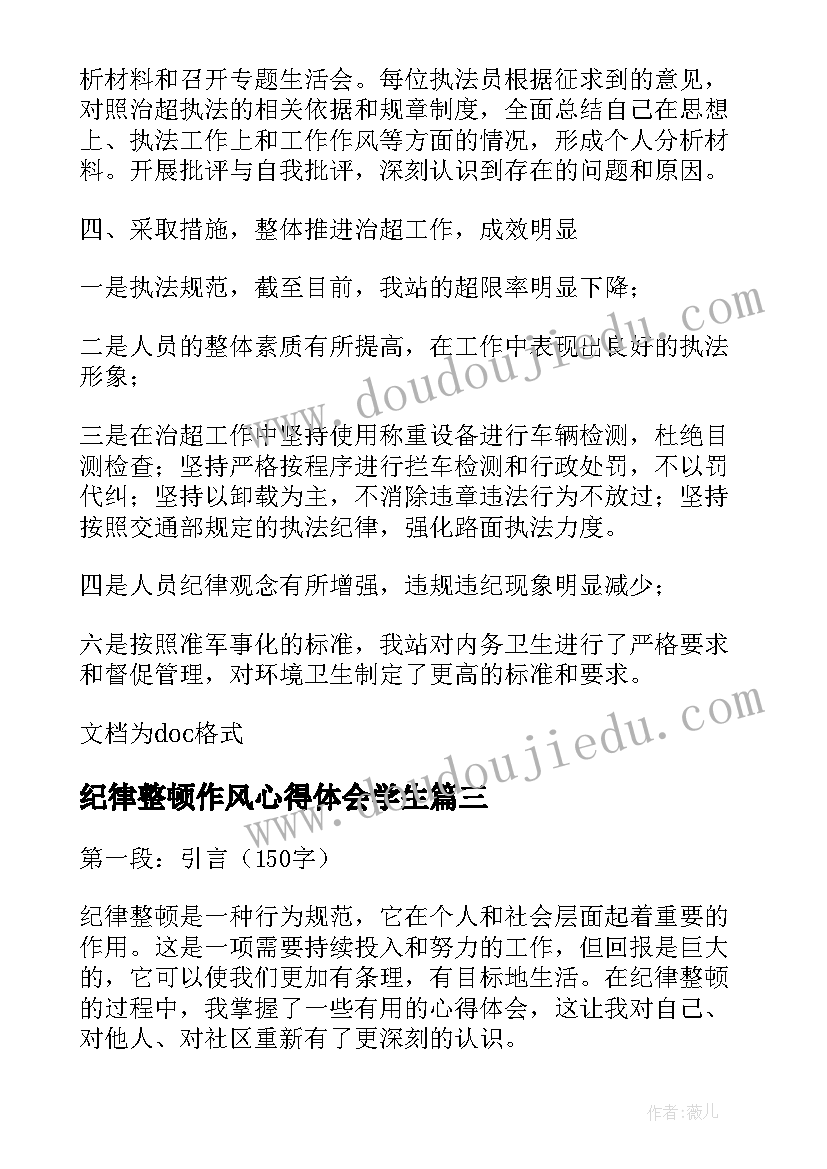 纪律整顿作风心得体会学生(汇总5篇)