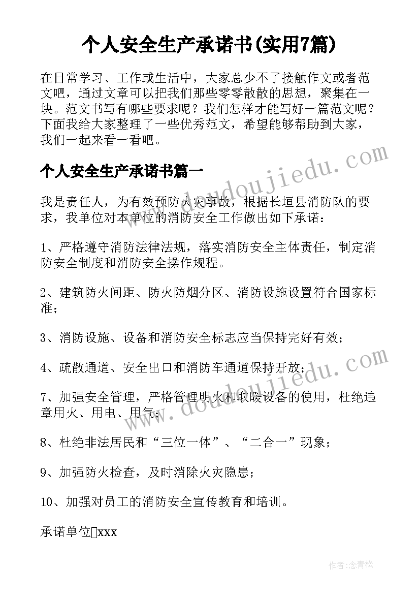 个人安全生产承诺书(实用7篇)