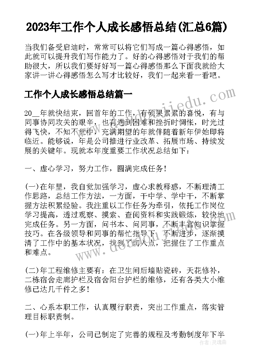 2023年工作个人成长感悟总结(汇总6篇)