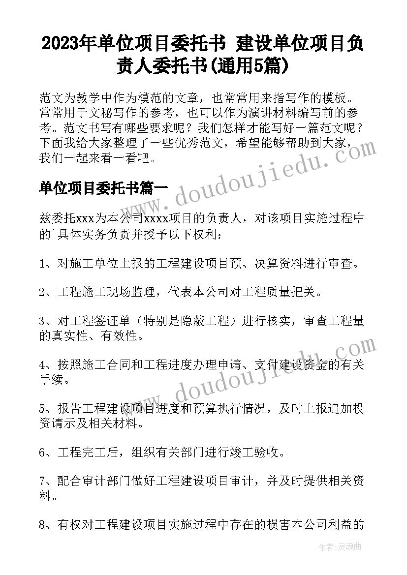 2023年单位项目委托书 建设单位项目负责人委托书(通用5篇)