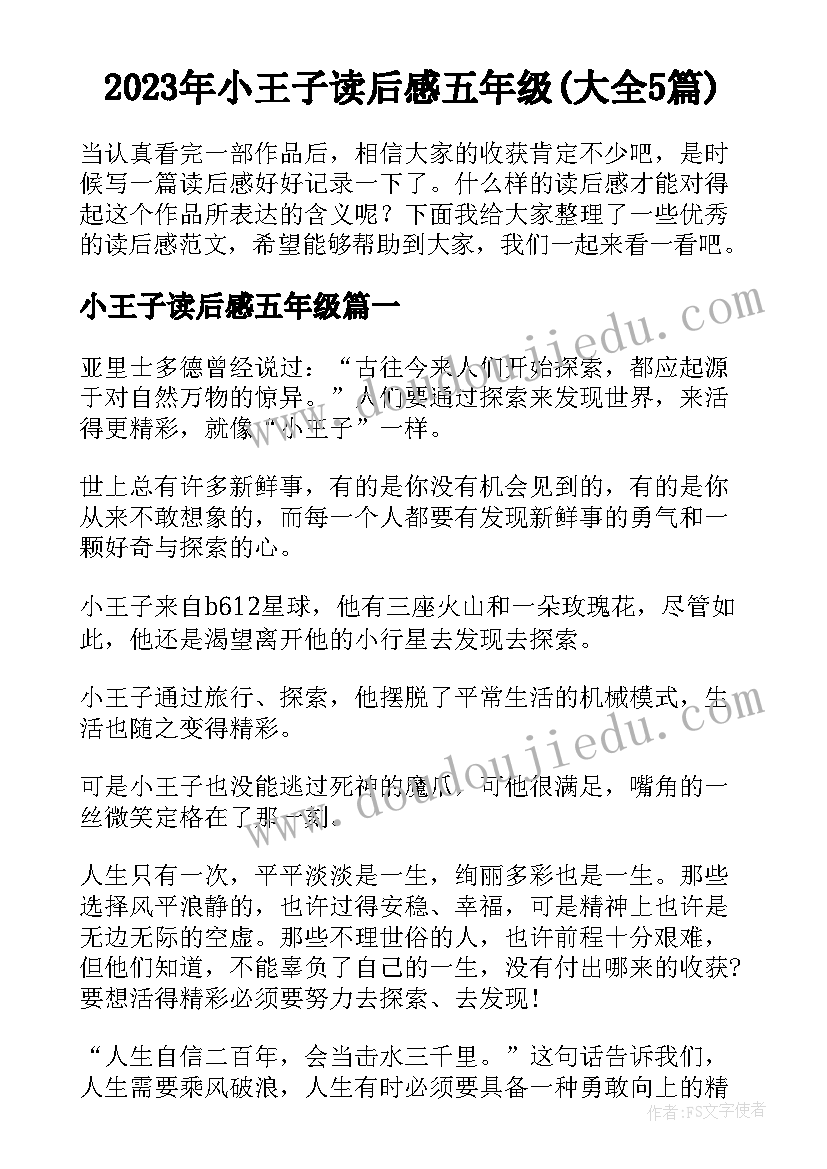 2023年小王子读后感五年级(大全5篇)