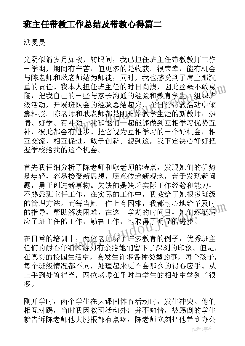 班主任带教工作总结及带教心得 带教班主任工作总结(优质5篇)