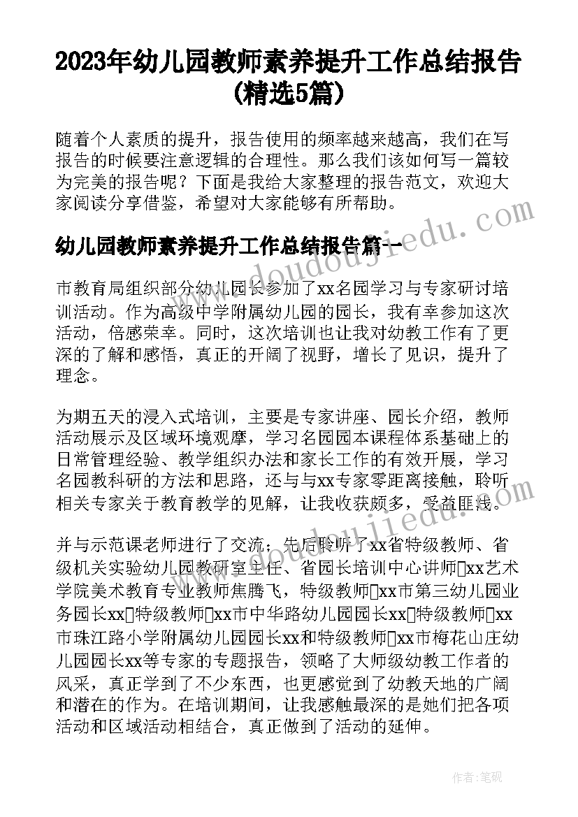 2023年幼儿园教师素养提升工作总结报告(精选5篇)