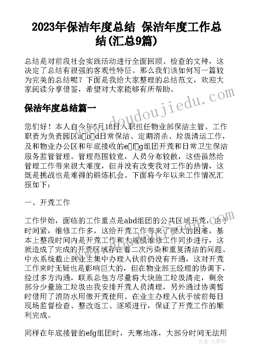 2023年保洁年度总结 保洁年度工作总结(汇总9篇)