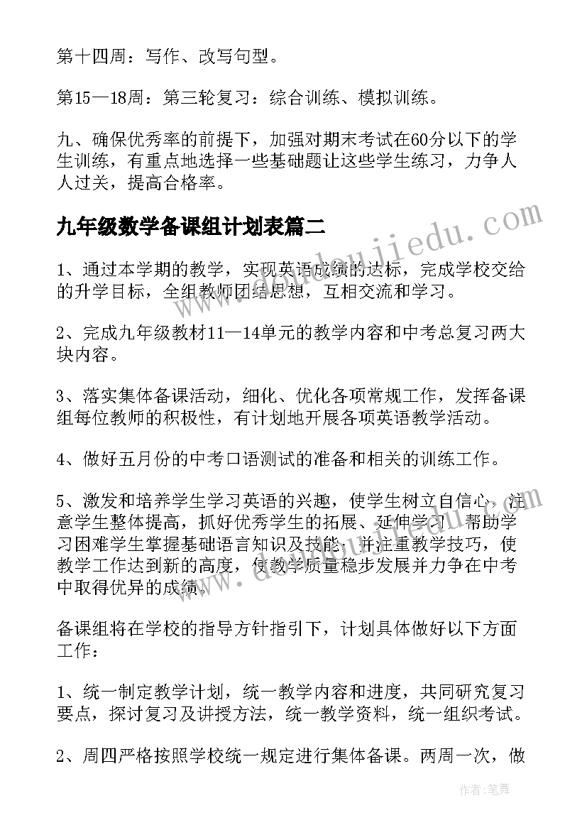 最新九年级数学备课组计划表(模板5篇)