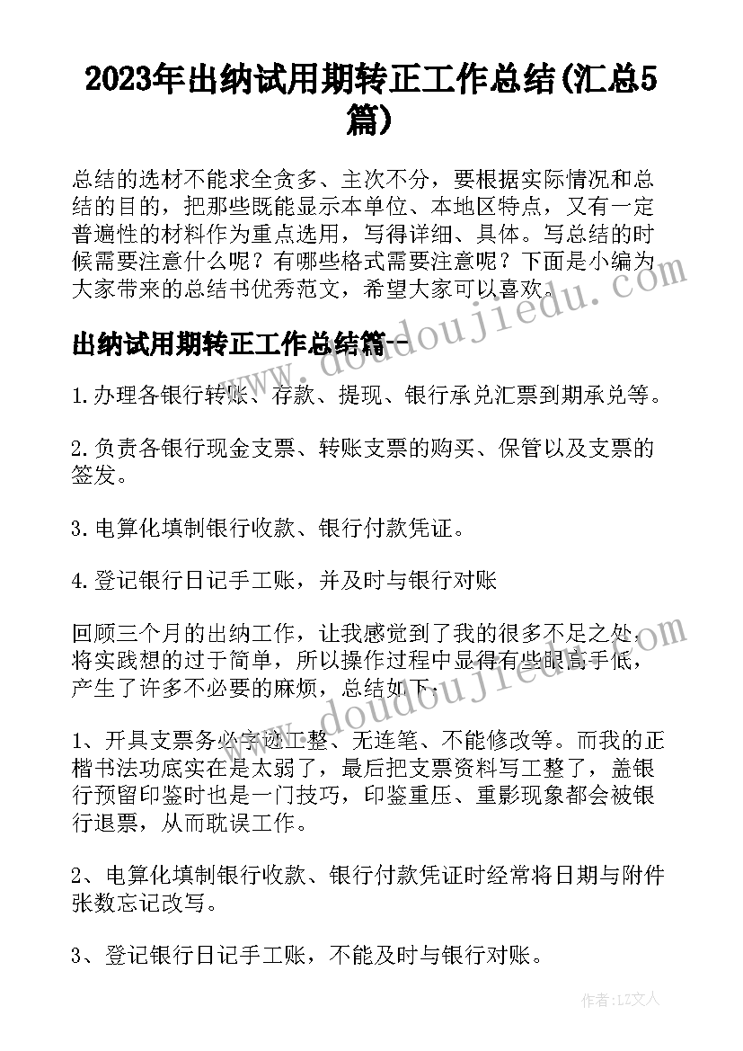 2023年出纳试用期转正工作总结(汇总5篇)