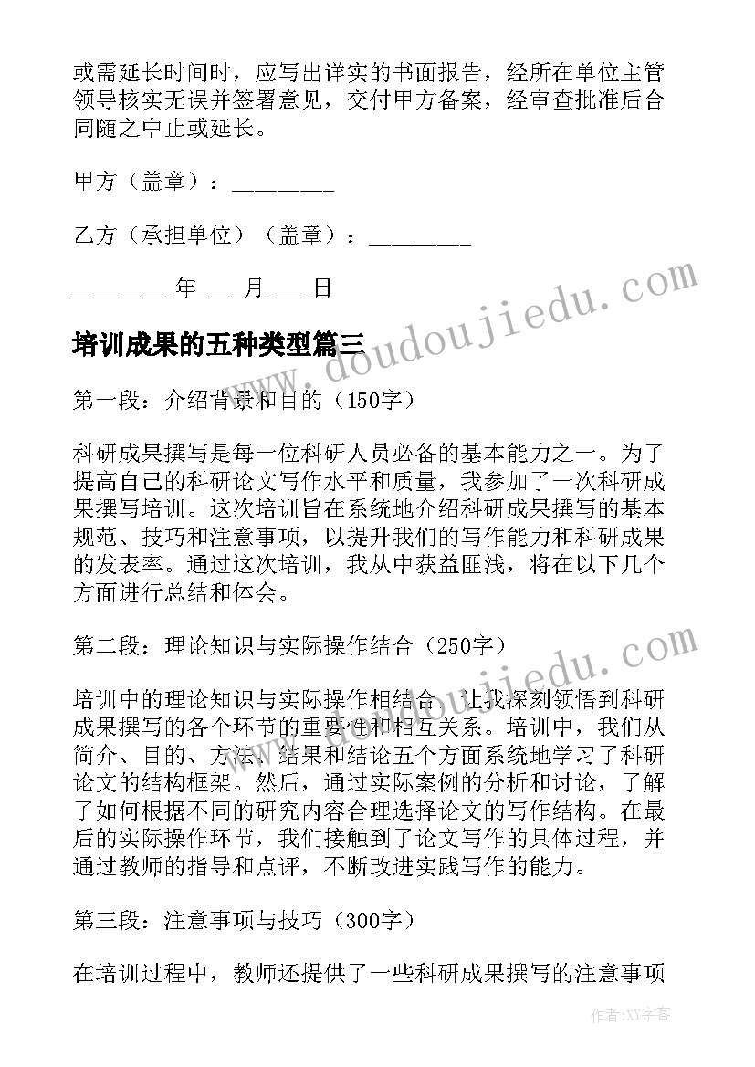 培训成果的五种类型 研修成果提炼培训心得体会(模板5篇)