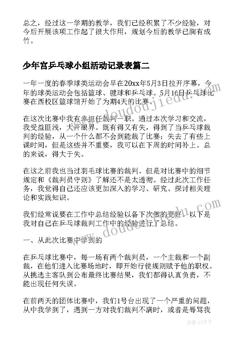 少年宫乒乓球小组活动记录表 少年宫乒乓球兴趣小组活动总结(优秀5篇)