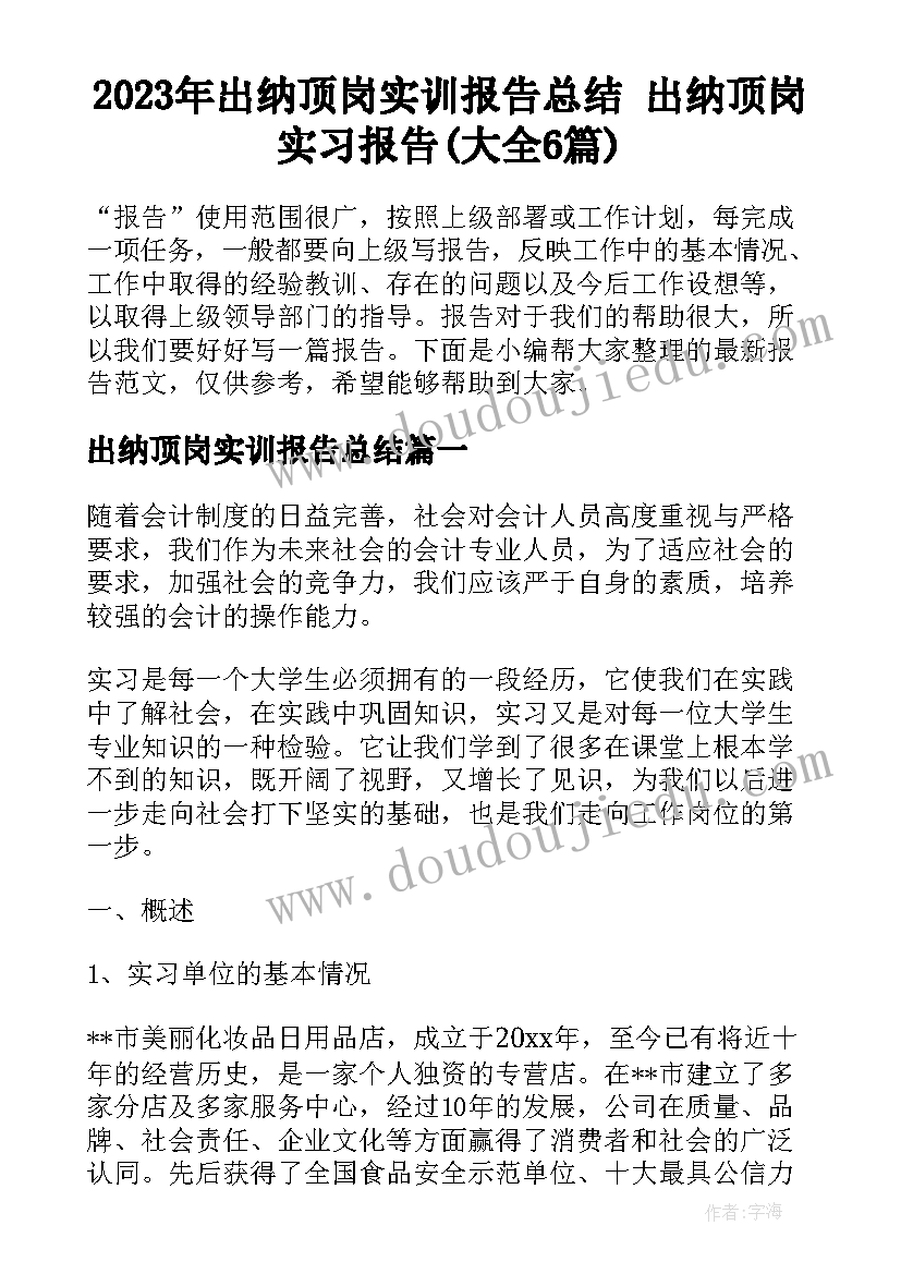 2023年出纳顶岗实训报告总结 出纳顶岗实习报告(大全6篇)