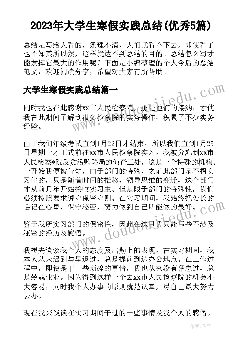 2023年大学生寒假实践总结(优秀5篇)