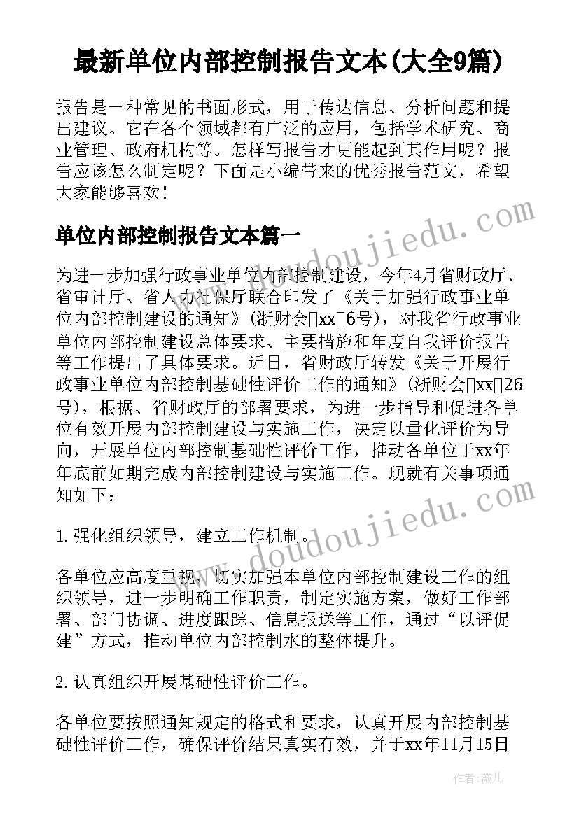 最新单位内部控制报告文本(大全9篇)