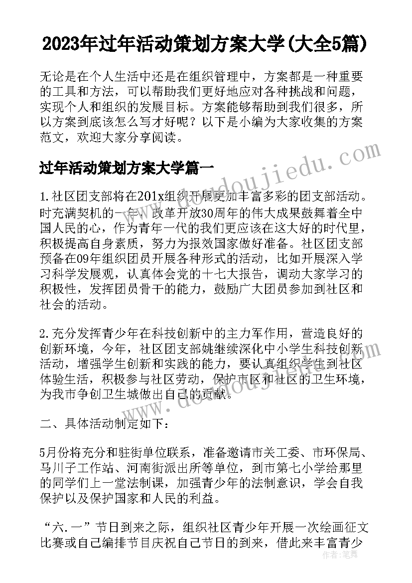 2023年过年活动策划方案大学(大全5篇)