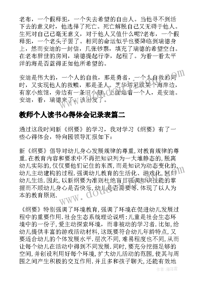 教师个人读书心得体会记录表(汇总8篇)