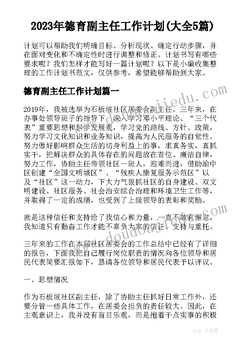 2023年德育副主任工作计划(大全5篇)