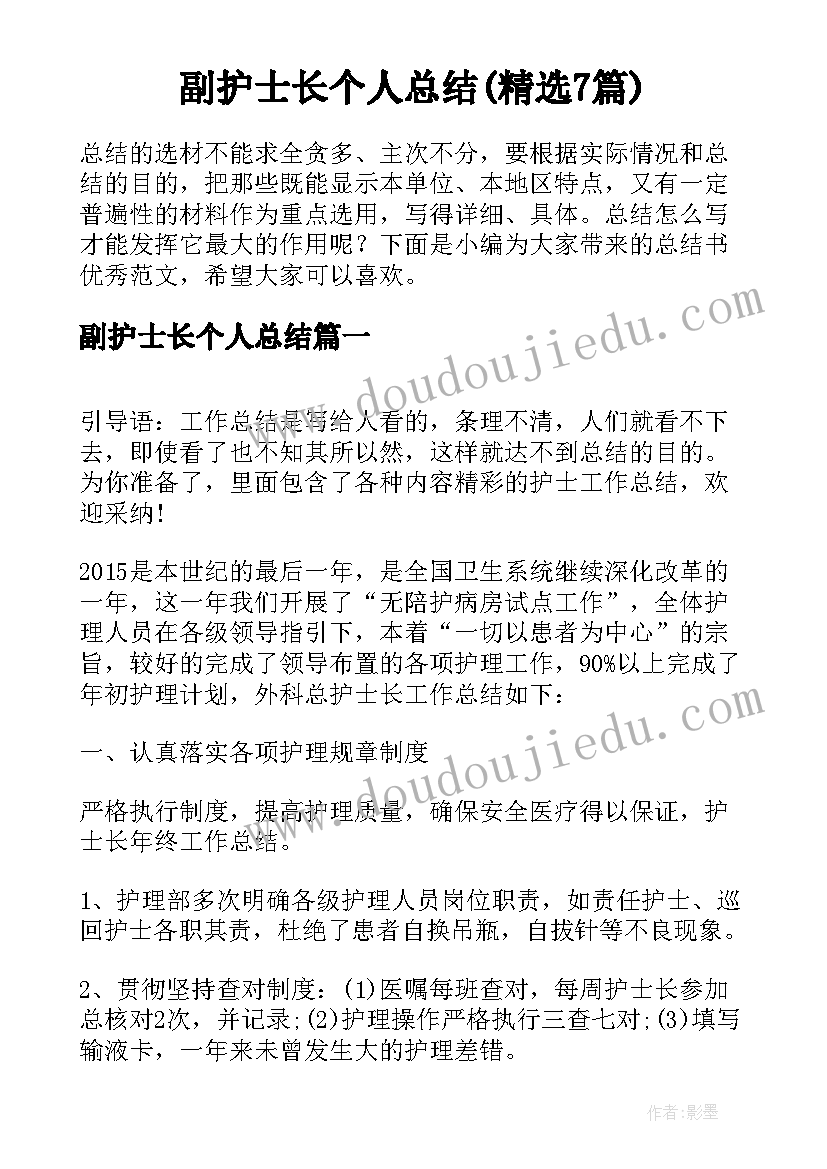 副护士长个人总结(精选7篇)