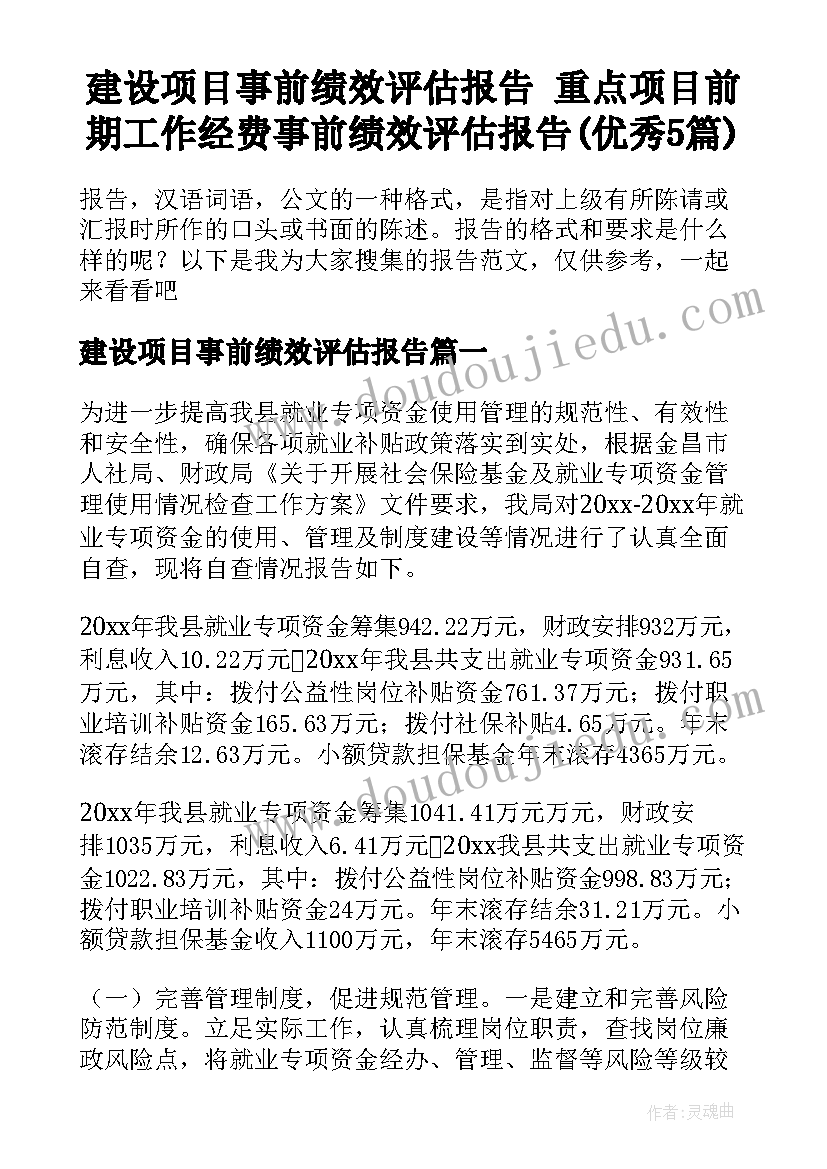 建设项目事前绩效评估报告 重点项目前期工作经费事前绩效评估报告(优秀5篇)