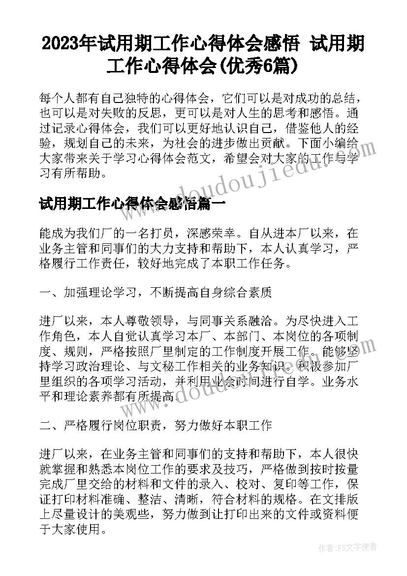 2023年试用期工作心得体会感悟 试用期工作心得体会(优秀6篇)