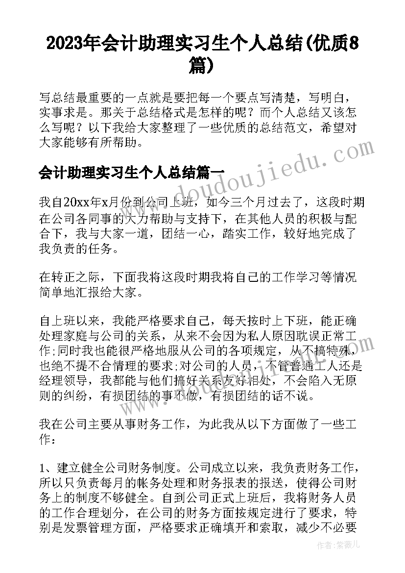 2023年会计助理实习生个人总结(优质8篇)