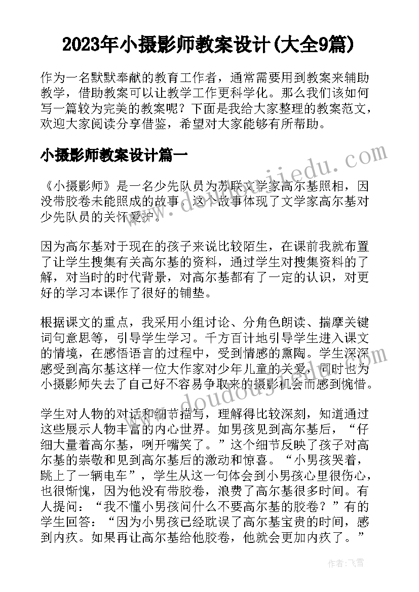 2023年小摄影师教案设计(大全9篇)