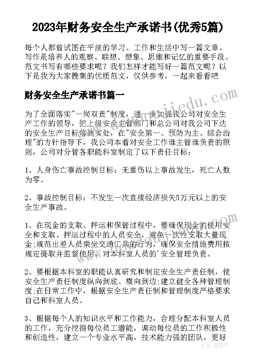 2023年财务安全生产承诺书(优秀5篇)