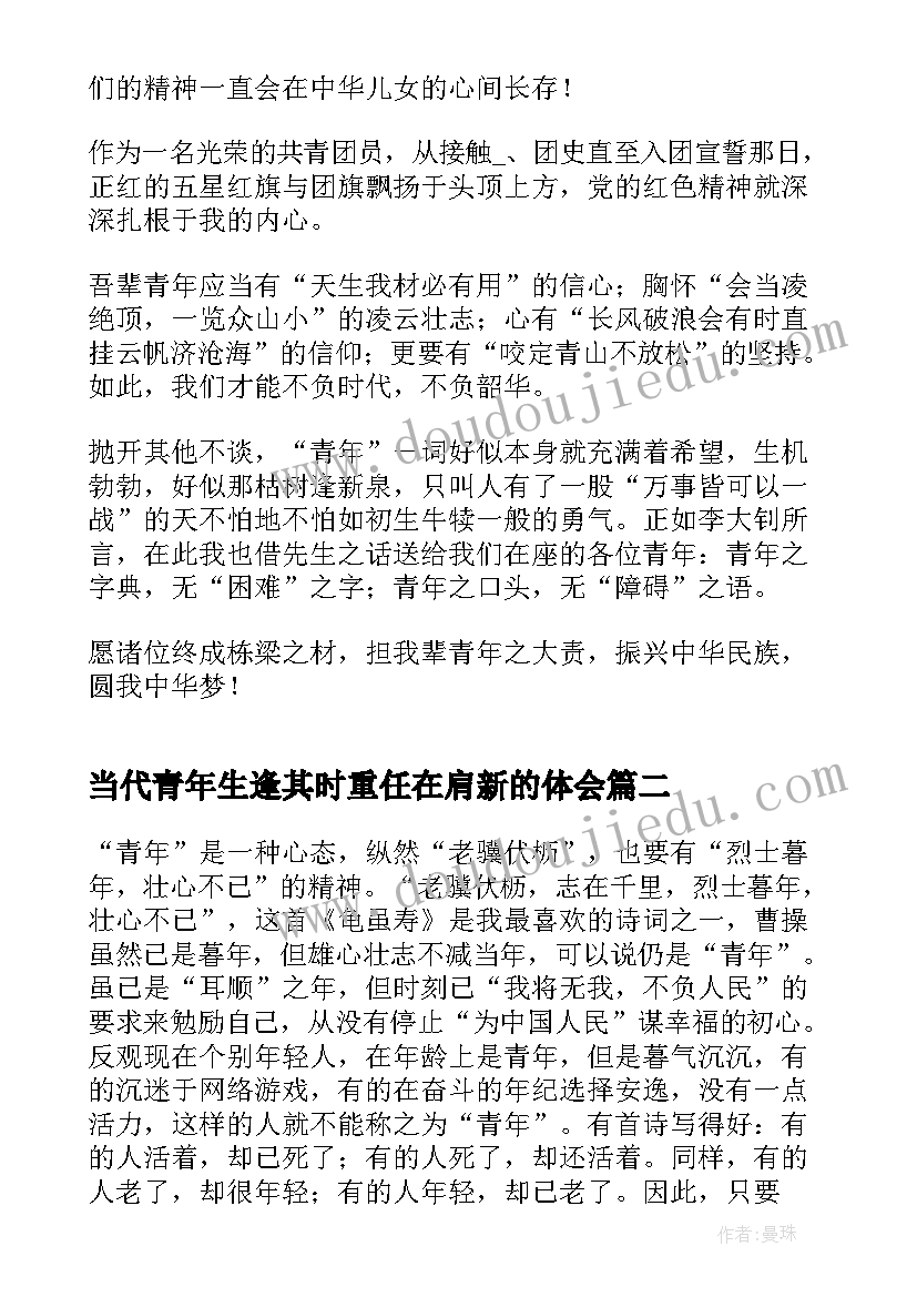 当代青年生逢其时重任在肩新的体会(精选5篇)