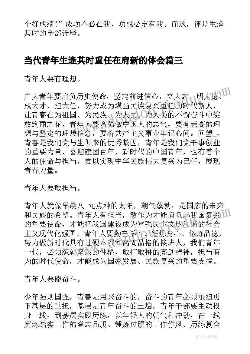 当代青年生逢其时重任在肩新的体会(精选5篇)