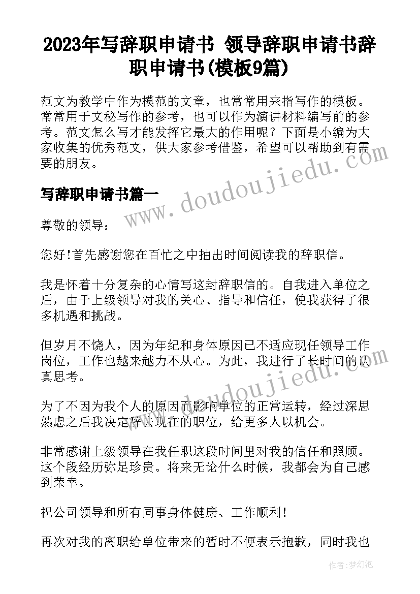 2023年写辞职申请书 领导辞职申请书辞职申请书(模板9篇)