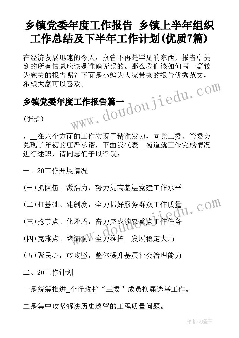 乡镇党委年度工作报告 乡镇上半年组织工作总结及下半年工作计划(优质7篇)