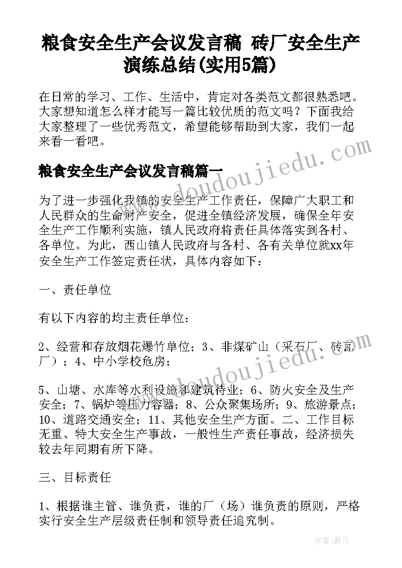 粮食安全生产会议发言稿 砖厂安全生产演练总结(实用5篇)