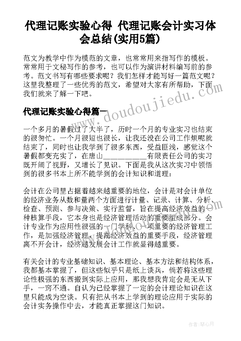 代理记账实验心得 代理记账会计实习体会总结(实用5篇)