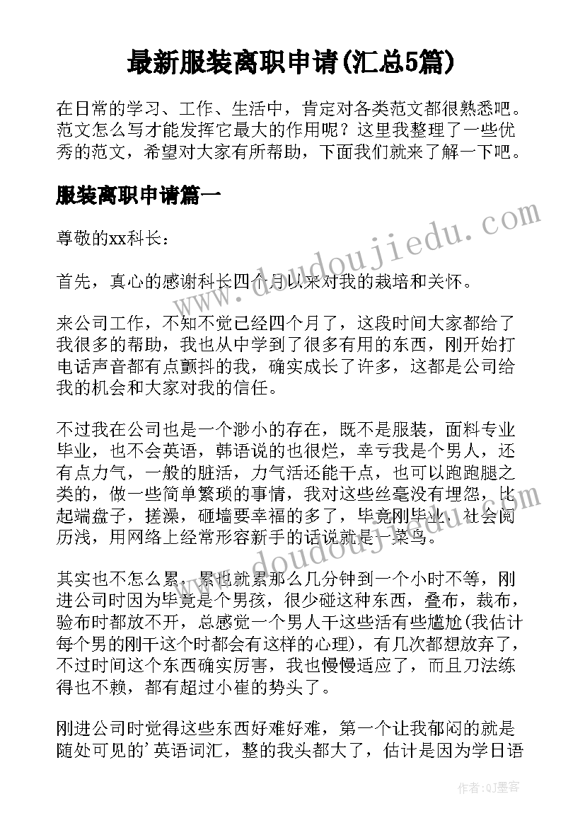 最新服装离职申请(汇总5篇)