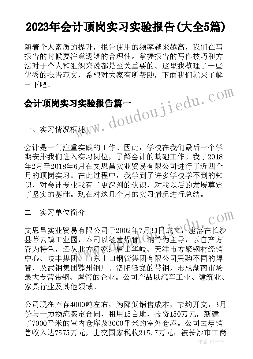 2023年会计顶岗实习实验报告(大全5篇)