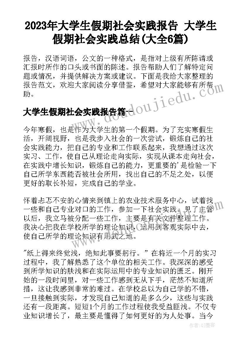 2023年大学生假期社会实践报告 大学生假期社会实践总结(大全6篇)