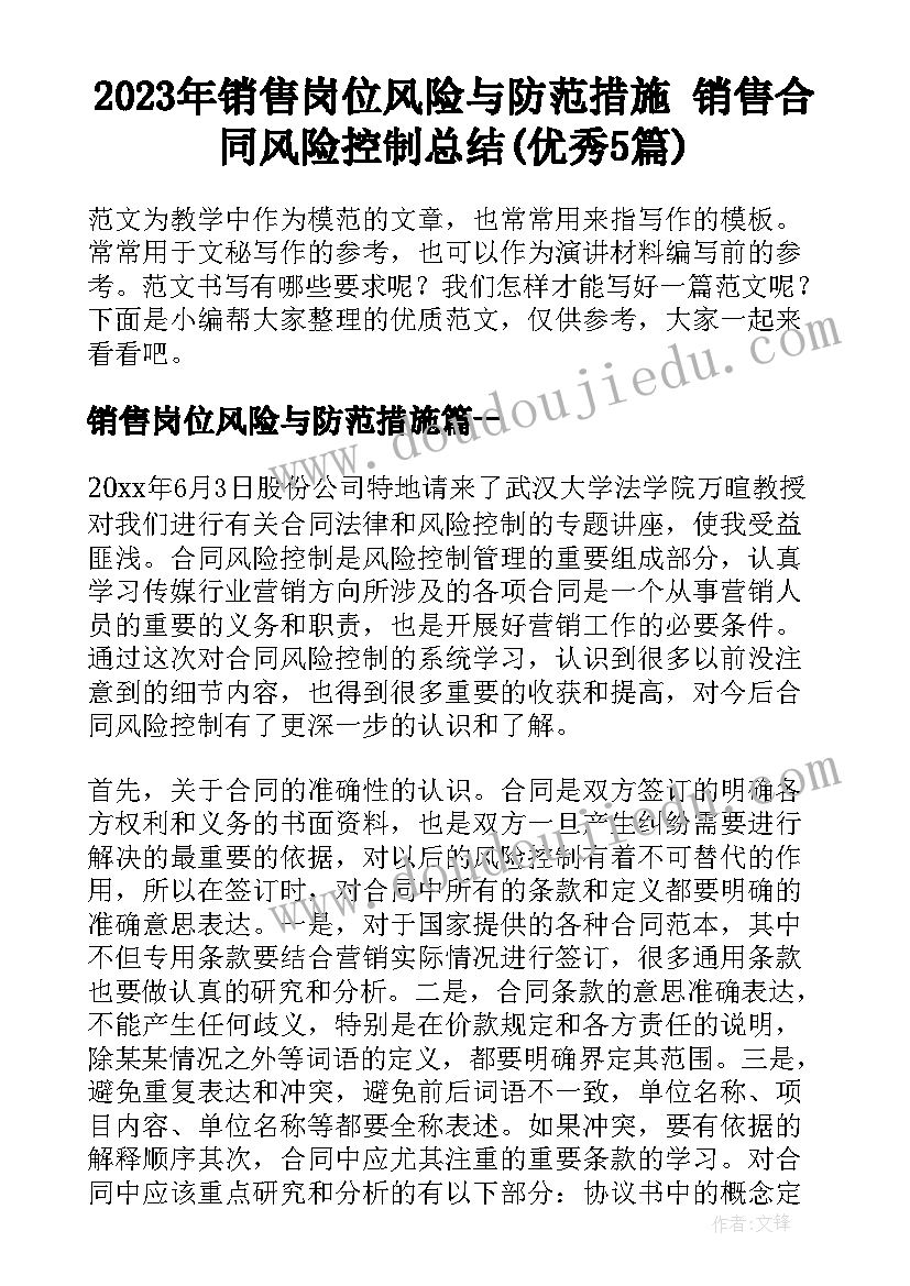 2023年销售岗位风险与防范措施 销售合同风险控制总结(优秀5篇)