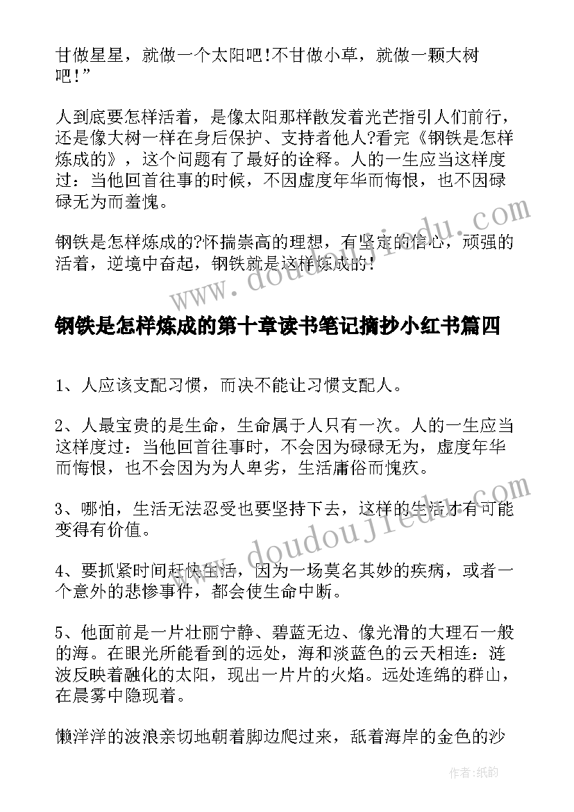 钢铁是怎样炼成的第十章读书笔记摘抄小红书(大全5篇)