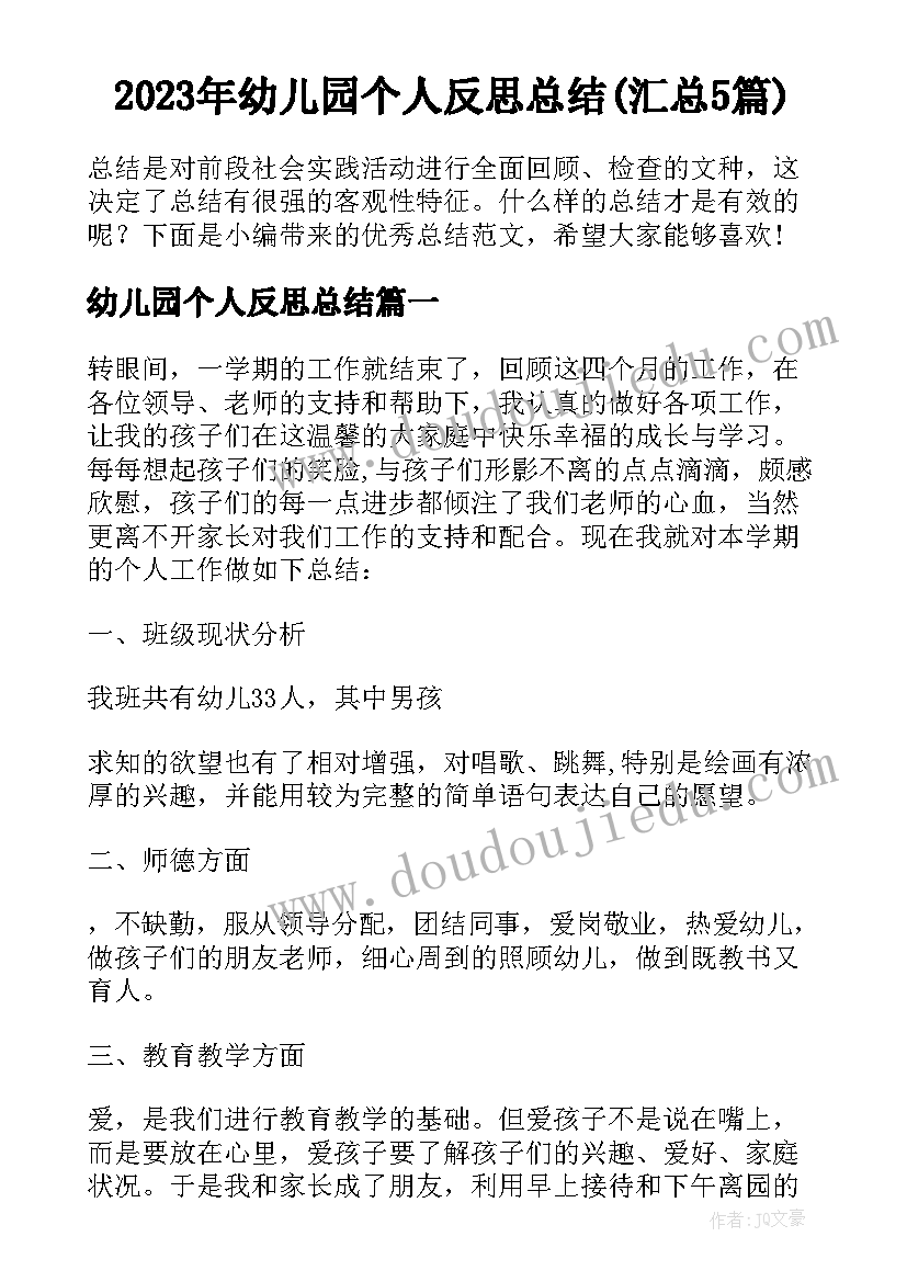 2023年幼儿园个人反思总结(汇总5篇)