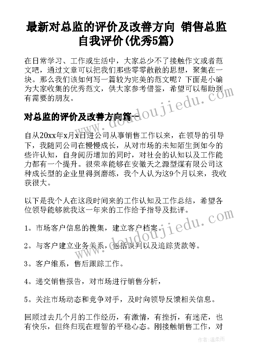 最新对总监的评价及改善方向 销售总监自我评价(优秀5篇)