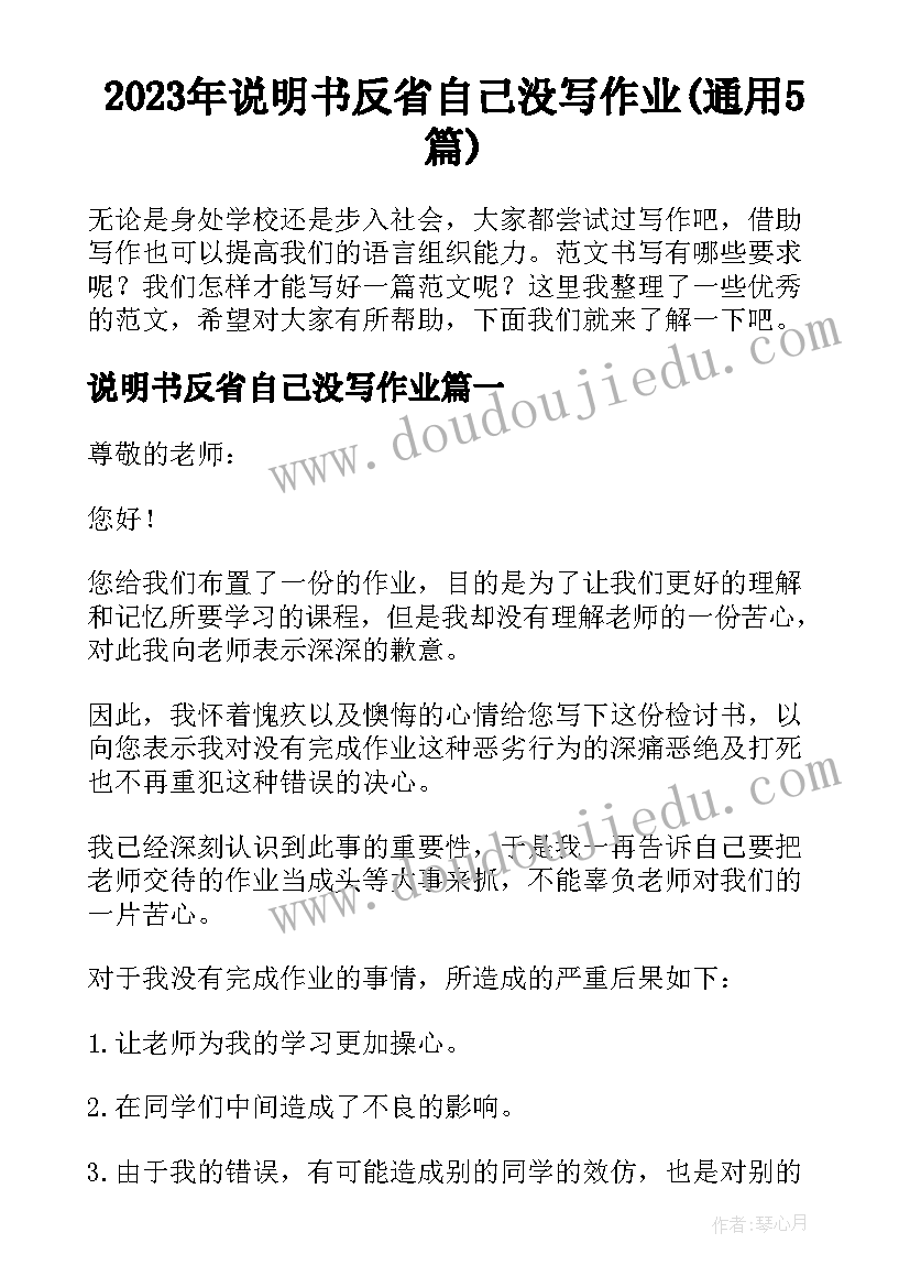 2023年说明书反省自己没写作业(通用5篇)