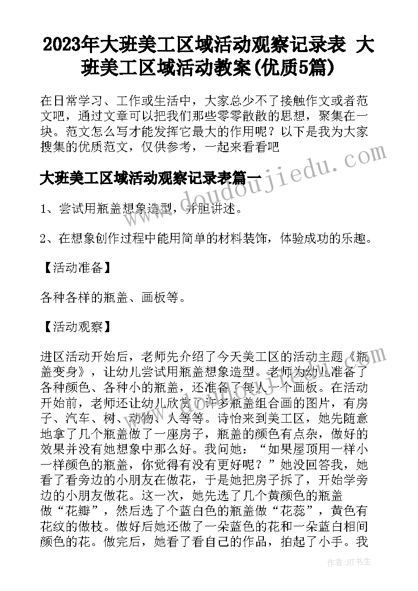 2023年大班美工区域活动观察记录表 大班美工区域活动教案(优质5篇)