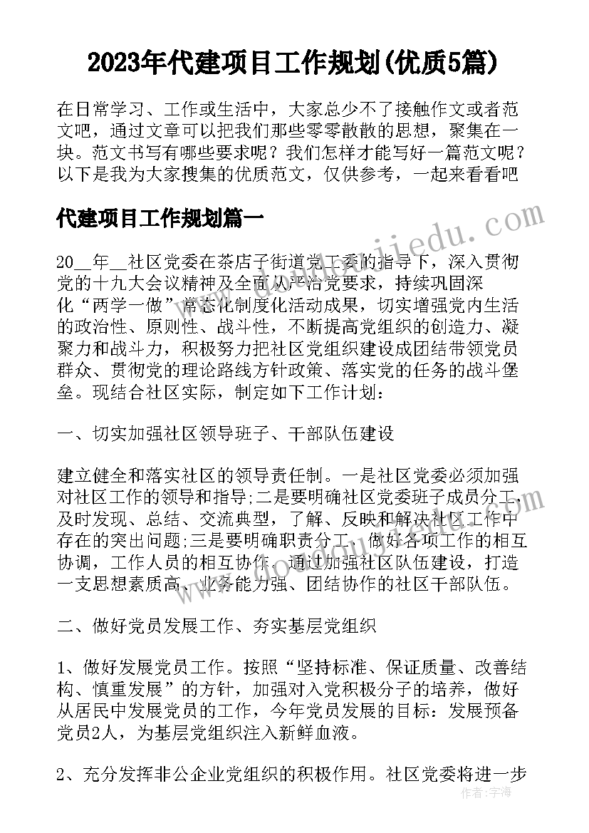 2023年代建项目工作规划(优质5篇)