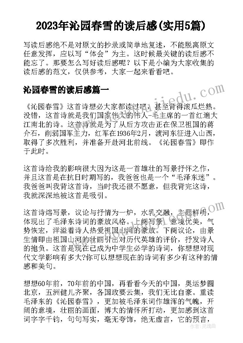 2023年沁园春雪的读后感(实用5篇)