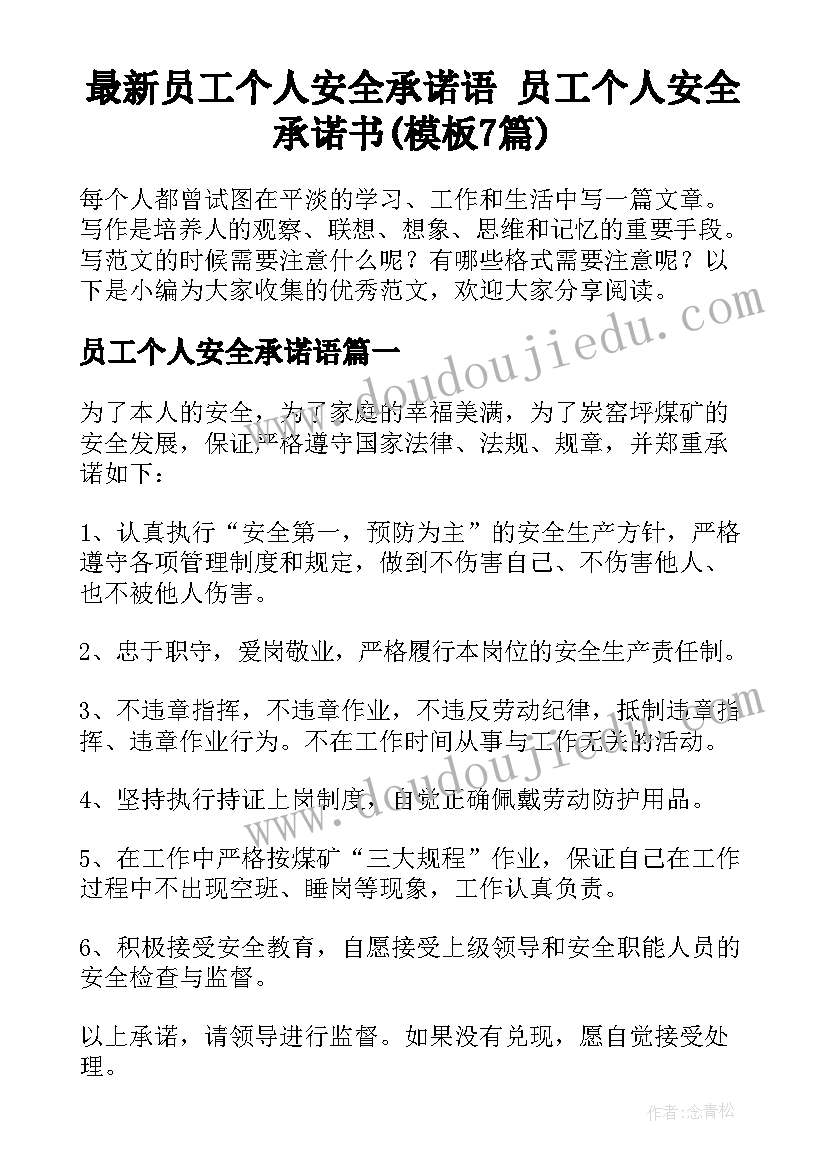 最新员工个人安全承诺语 员工个人安全承诺书(模板7篇)