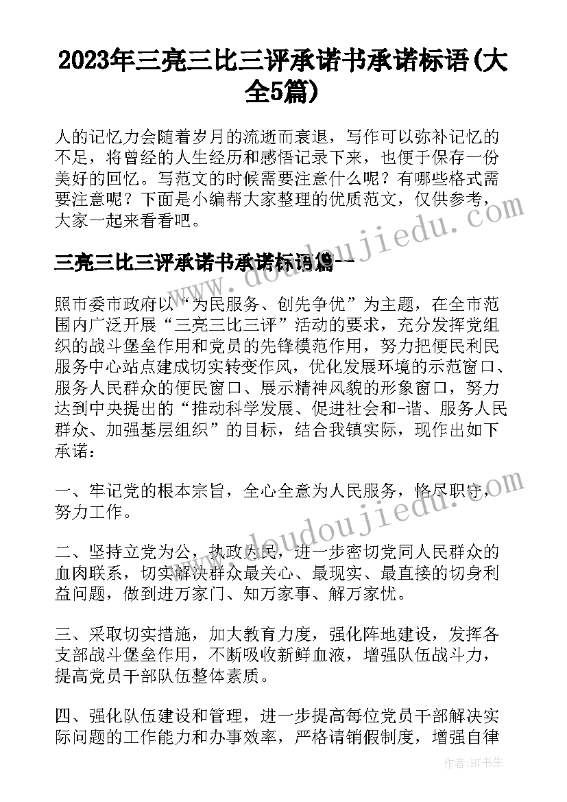 2023年三亮三比三评承诺书承诺标语(大全5篇)