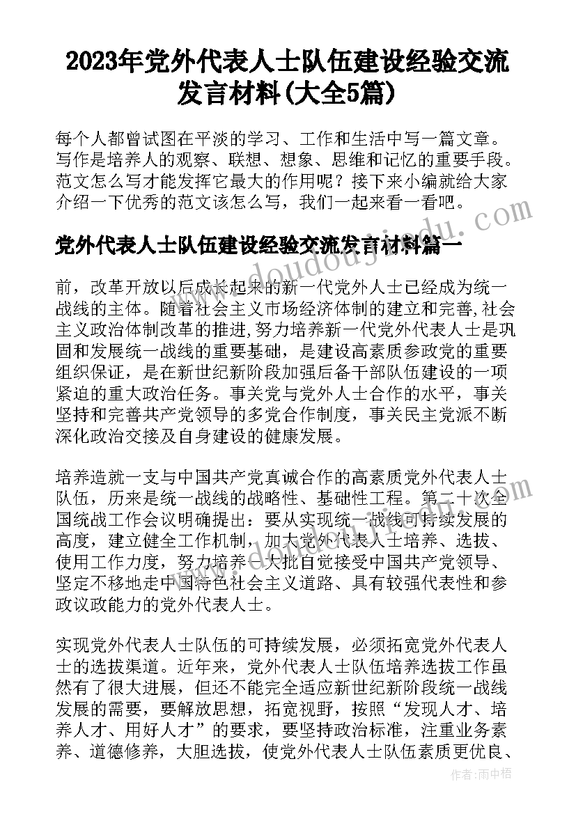 2023年党外代表人士队伍建设经验交流发言材料(大全5篇)