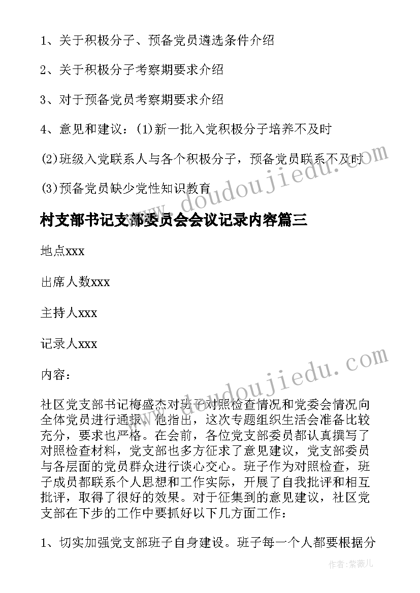 村支部书记支部委员会会议记录内容(汇总8篇)