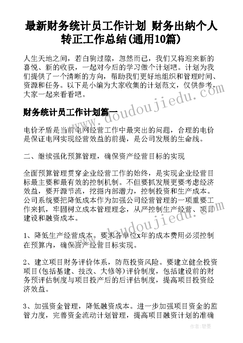 最新财务统计员工作计划 财务出纳个人转正工作总结(通用10篇)