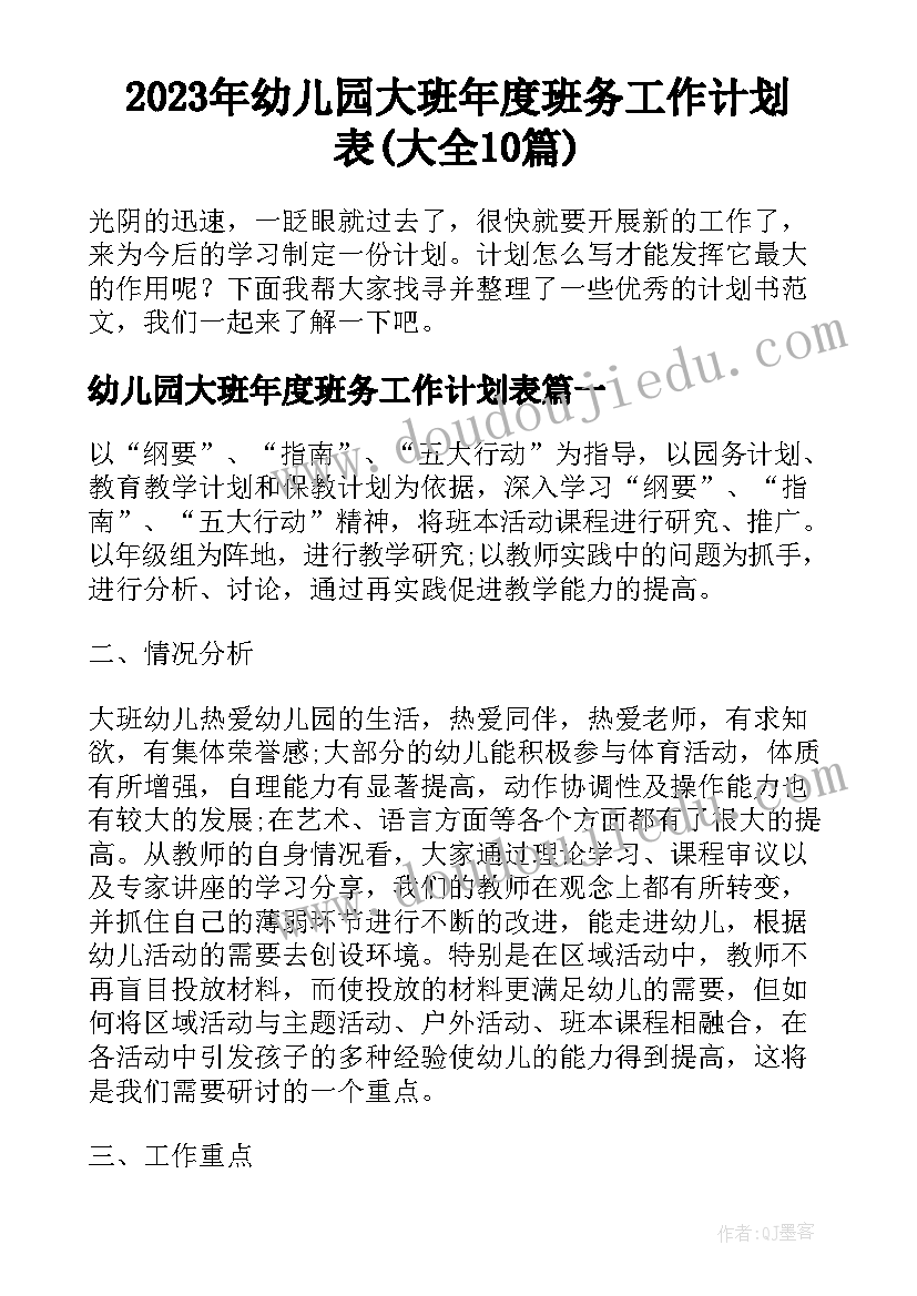 2023年幼儿园大班年度班务工作计划表(大全10篇)