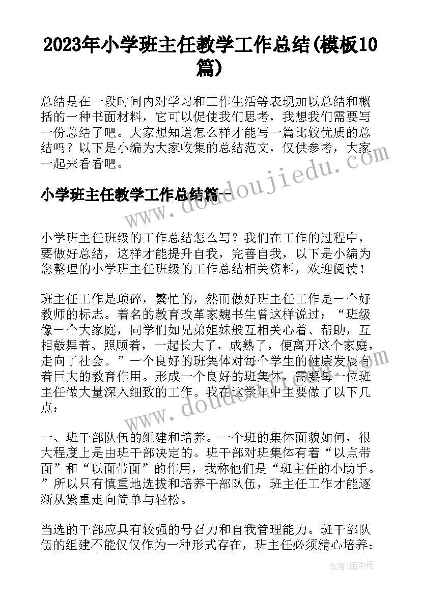 2023年小学班主任教学工作总结(模板10篇)