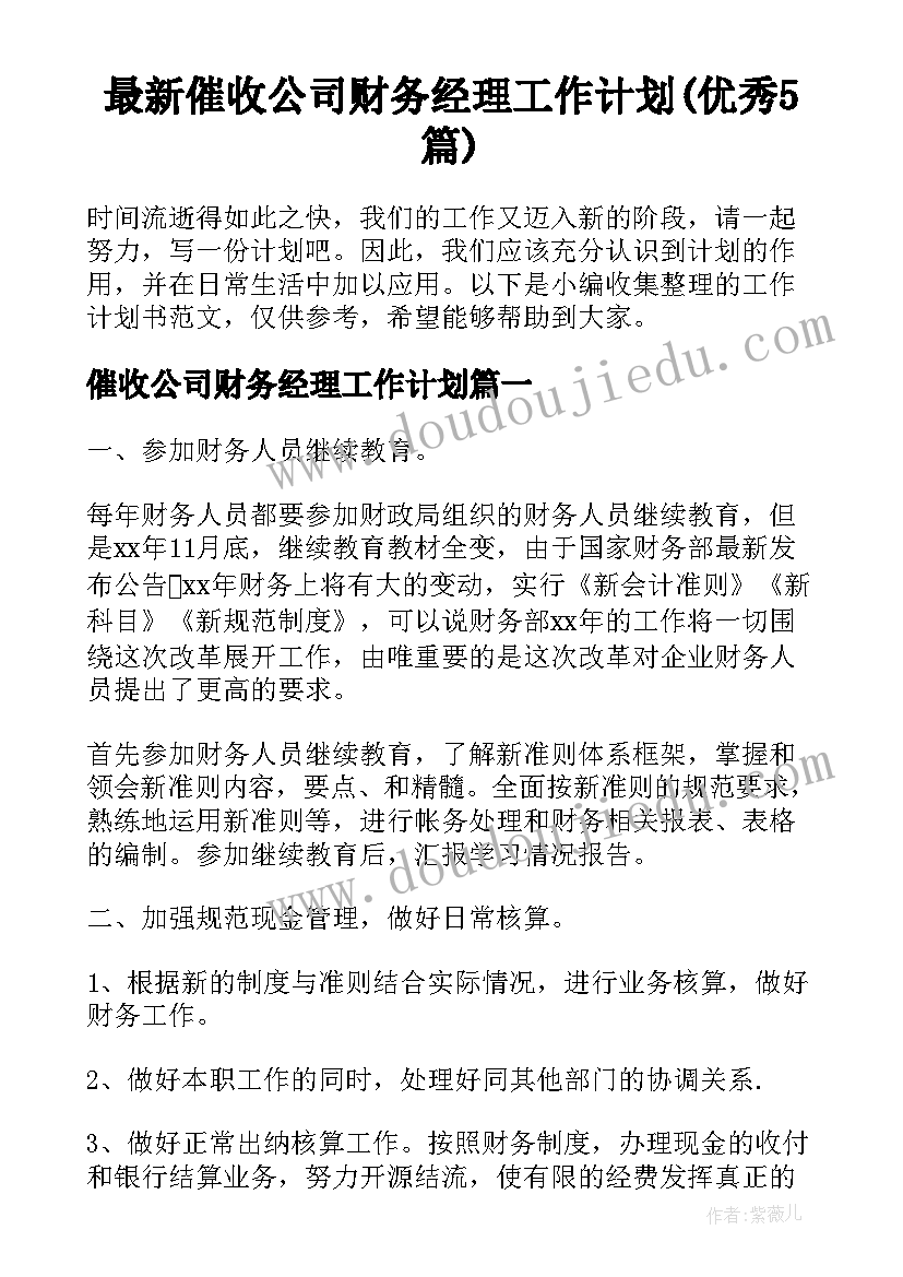 最新催收公司财务经理工作计划(优秀5篇)